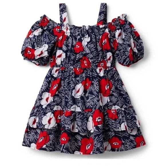 Janie and Jack Cold Shoulder Floral Puff Sleeve Lined Summer Dress. 12-18 Months - Picture 1 of 9